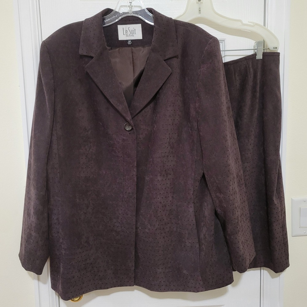 Le Suit Petite Brown Faux Suede Skirt Suit Set 16P Polka Dot Blazer Skirt